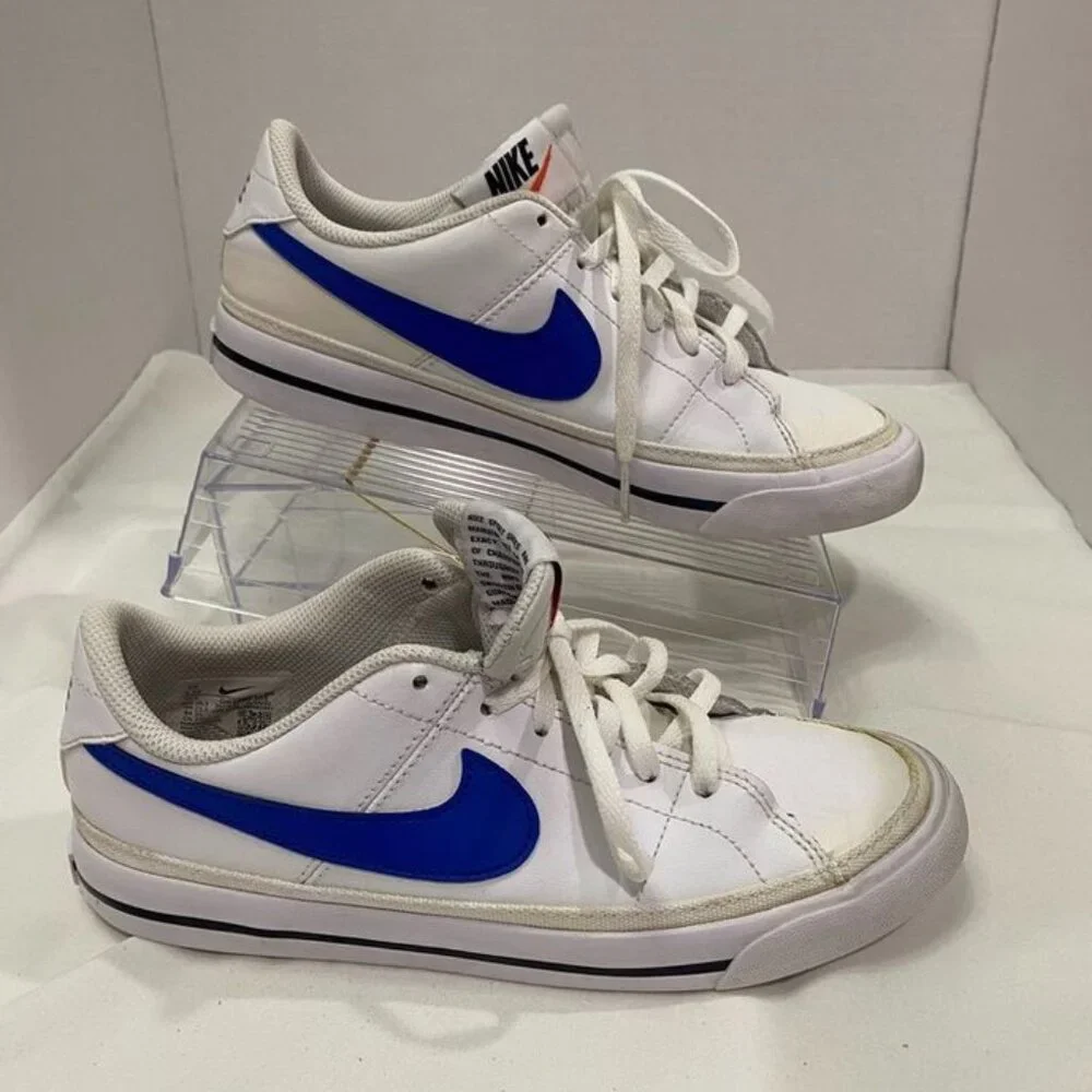 Nike Court Legacy Low White Royal Blue Leather Sneakers Youth 4.5Y